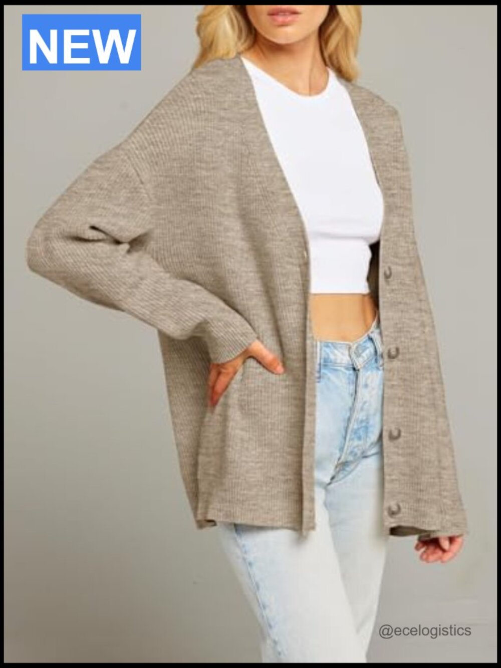 Oversized V-Neck Cardigan Sweater with Buttons Long Sleeve Knit - Picture 2 of 7